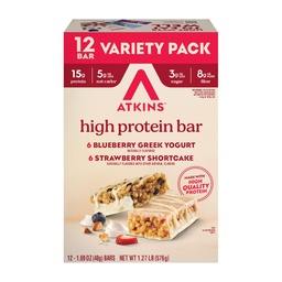 Atkins Blueberry grekisk Yogurt & Strawberry Shortcake High Protein Bar, High Fiber, Keto Friendly, 12 greve (6 barer varje smak)