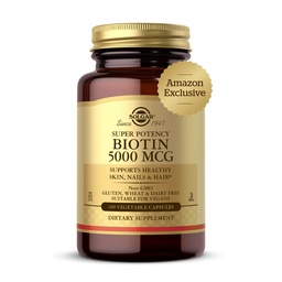 Solgar Biotin 5000 mcg - Stöder hälsosam hud, naglar och hår - Stöder energiproduktion och metabolism - Vitamin B - Non-GMO, Vegan, Gluten Free - 180 greve