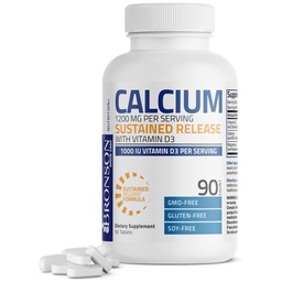 Bronson Calcium 1200 MG Per Serving Sustained Release med vitamin D3 1000 IE Vitamin D3 Per Serving Non-GMO, 90 tabletter