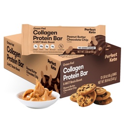 Perfekt Keto Collagen Protein Bar, Gluten Free Grass Fed Collagen + MCT Olja, låg Carb, No Sugar Added, High Protein Snacks, Keto Diet Foods, 13g Protein, 18g Fat, 3g Net Carbs, Peanut Butter Chocolate Chip, 12 Bars