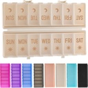 Foldable Pill Organizer 2 Times a Day w / Etched Labels -Dual Protection & Portable Weekly AM PM Pill Box, 7 Day Medicine Container, Large Travel Pill Case for Week Daily Supplement Vitamin - Khaki
