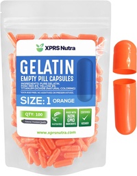 XPRS Nutra Size 1 Empty Capsules - 100 Count Empty Gelatin Capsules - Pill DIY Capsule Fyllning - Pure Bovine Pill Gel Caps for Do-It-Yourself Supplements (Orange)