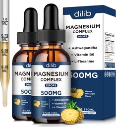 Magnesium Glycinate Liquid Drops 500mg - Triple Magnesium Complex Supplement med Citrate, Malate, Ashwagandha, L-Theanine, Vitamin B6 för sömn, stressavlastning, muskel, ananas Flavor 4 Fl Oz