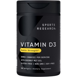 Sports Research Vitamin D3 2000 IE med Coconut MCT Oil - Dubbel styrka vitamin D Supplement - Non-GMO Verified, Gluten & Soy Free - 50mcg, 360 Liquid Softgels