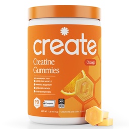 Skapa kreatinmonohydrat Gummies för män och kvinnor, öka fokus, styrka och uthållighet, anti-smältande formel, Vegan, glutenfri, icke-GMO, 1,5 g kreatin per Gummy (Orange, 90 ct)