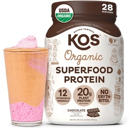 KOS Vegan Protein Powder Erythritol Free, Chocolate - Organic Pea Protein Blend, Plant Based Superfood Rich i vitaminer och mineraler - Keto, Dairy Free - Meal Replacement för kvinnor och män, 28 portioner
