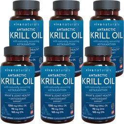 Viva Naturals Antarctic Krill Oil 1250 mg, Omega 3 EPA DHA och Astaxanthin, Joint Support och Brain Supplement med Antioxidant Properties, No Fishy Aftertaste (Pack of 6)