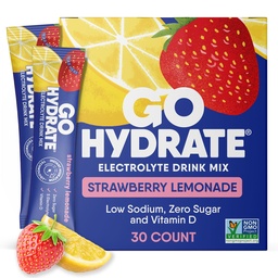 GoHydrate Low Sodium Electrolytes Powder Packets Sugar Free - Instant Hydration Daily Drink Mix - Zero Sugar Water Flavor Packet Singlar med vitamin D - (Strawberry Lemonade, 30 Packs)