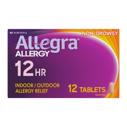 Allegra Vuxen 12-timmars allergihjälp tabletter, icke-drowsy inomhus och utomhusallergimedicin, 60 mg Fexofenadine HCI Antihistamin Pill, 12-räkna