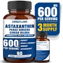 Astaxanthin 15mg + Panax Ginseng, Ginkgo Biloba Supplements, 90 Vegan Capsules, främjar Eye Health Energy, Cardiovascular Support + Immune Defense and Focus