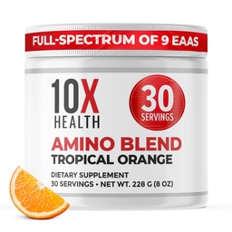 10X Hälsoaminosyror - 30 portioner av EAA & BCAA Powder, Pre Workout BCAA med viktiga aminosyror tillskott - BCAAs & EAAs för livslängd, muskelstöd, styrka, energi - Tropisk orange