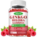 Ginkgo Biloba Gummies med Panax Ginseng och Magnesium, Ginkgo Biloba kosttillskott för fokus, minne och hjärnhälsa för vuxna och barn, Vegan Raspberry Flavor Gummies, 60 Count