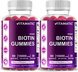 Vitamatic Biotin Gummies 10 000 mcg för starkare hår, hud och naglar - 60 Vegan Gummies - Kallas också vitamin B7 (2 flaskor)