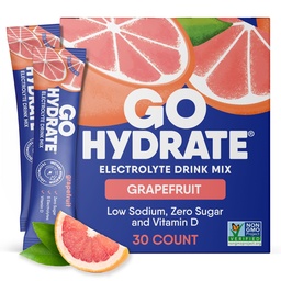 GoHydrate Low Sodium Electrolytes Powder Packets Sugar Free - Instant Hydration Daily Drink Mix - Zero Sugar Water Flavor Packet Singlar med vitamin D - (Grapefruit, 30 Packs)