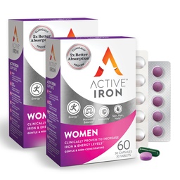 Active Iron Supplement 25mg + Multivitamin för kvinnor - kliniskt visat sig öka energi och minska trötthet - Gentle, icke-konstiperande järn + kvinnors multivitamin - 60 kapslar + 60 tabletter