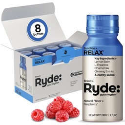 Ryde: Relax Shot | Raspberry Flavor | Lemon Balm, L-Theanine, Ginseng & Chamomile | 0 Kalorier, 0 Sugar | 2 FL OZ Skott | Hjälper dig att koppla av * (8 Pack)