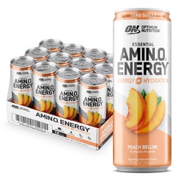 Optimum Nutrition Amino Energy Sparkling Hydration Drink, Electrolytes, koffein, aminosyror, BCAA, Sugar Free, Peach Bellini, 12 Fl Oz, 12 Pack (Packaging May Vary)