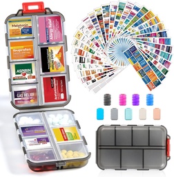 14 Grids Travel Pill Organizer Box med 415-Pcs Medicine Name Labels - Pocket Daily Pharmacy Case Container Kit - Travel Medication Holder Dispenser för Fish Oil Vitamin Supplement Storage -Clear Grey