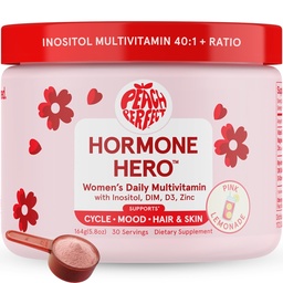 Peach Perfect Inositol Powder Multivitamin, Pink Lemonade Flavor - 4g Myo & D-Chiro Inositol, DIM, Zink, Magnesium Glycinate, Vitamin D3 - Stöder Kvinnors hälsa, Cykel, Energi, 30 SVG