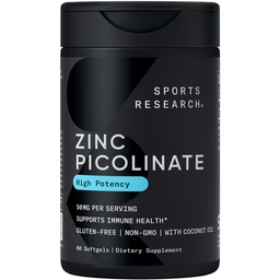 Sportforskning Zink Picolinate 50mg med organisk kokosnötolja | Mycket Absorbable Zink Supplement för hälsosam immunfunktion - Non-GMO Verified, Gluten & Soy Free (60 Liquid Softgels)