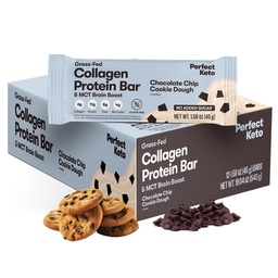 Perfekt Collagen Protein Bars, Gluten Free Grass Fed Collagen + MCT Olja, Låg Carb, No Sugar Added, High Protein Snacks, Keto Diet Foods, 11g Protein, 18g Fat, 3g Net Carbs, Chocolate Chip, 12 Bars