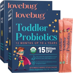 LOVEBUG Kids Probiotic Powder med Prebiotic Fiber - Toddler Immunity Support & Constipation Relief - USDA Organic Probiotics for Childrens Gut & Digestive Health (åldrar 1-4) - 60 Pack (Unflavoured)