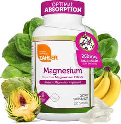 Zahler - Magnesium Supplement Capsules 200 mg (250 greve) Certifierad Kosher Bioactive Magnesium Citrate för Max Absorption - Naturlig Magnesium Mineral för Män & Kvinnor - Bästa Magnesium Supplements