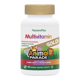Natures Plus Animal Parade Source of Life Gold Children's Chewable Multivitamin - Assorted Cherry, Orange & Grape Flavors - 60 Chewable Tablets - Vegetarian, Gluten-Free - 30 portioner
