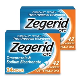 Zegerid OTC, 24-timmars Heartburn Relief, Acid Reflux Medicine och Antacid, behandlar Frequent Heartburn, Omeprazole 20mg + Sodium Bicarbonate, Proton Pump Inhibitor (PPI), två 42ct Cartons