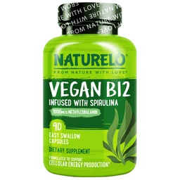 NATURELO Vegan B12 - Methyl B12 med organisk Spirulina - High Potency Vitamin B12 1000 mcg Methylcobalamin - Stöder hälsosamt humör, energi, hjärta och ögonhälsa - 90 kapslar
