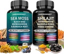 Shilajit och sea moss combo -Sea Moss 3000mg, Black Seed Oil 2000mg, Ashwagandha 2000mg, Shilajit 9000mg, Rhodiola Rosea1000mg, Panax Ginseng1500mg | havsmoss och shilajit bunt, allt i ett tillägg