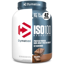 Dymatize ISO100 Whey Protein Powder Isolate, Fudge Brownie, 25g Protein, 3 pund, 5,5 g BCAA, mindre än 120 Cal., Gluten Free, 1g Fat, 1g Sugar, 2g Carb (42 portioner)