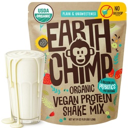 EarthChimp Organic Vegan Protein Powder - med Probiotics - Non GMO, Dairy Free, Non Whey, Plant Based Protein Powder för kvinnor och män, Gluten Free - 52 Servings 64 Oz (Plain & Unsweetened) No Scoop