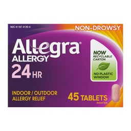 Allegra Vuxen 24-timmars allergihjälp tabletter, icke-drowsy inomhus och utomhusallergimedicin, 180 mg Fexofenadin HCI Antihistamin Pill, 45-Count