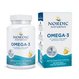 Nordic Naturals Omega-3, Lemon Flavor - 60 Soft Gels - 690 mg Omega-3 - Fiskolja - EPA & DHA - Immune Support, Brain & Heart Health, Optimal Wellness - Non-GMO - 30 portioner