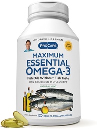 ANDREW LESSMAN Maximum Essential Omega-3 Mint - 30 Softgels - Ultra-Pure, High Potency Omega-3 Oljor. Hög DHA, ingen mage upprörd, inga föroreningar, ingen kvicksilver. Liten lätt att svälja Softgels