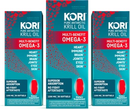 Kori Krill Oil Omega 3 Supplement, Antarctic Krill Oil med Superior Absorption vs Fish Oil, 1200mg Softgels, 30 Softgels, EPA & DHA (Pack of 3)