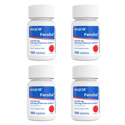 Major FeroSul - Ferrous Sulfate 325 mg tabletter - Järntillskott för kvinnor och män - särskilt belagda lätta att svälja tabletter - Röd - 100 greve (4 Pack)