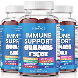 NEW AGE 8 i 1 Immune Support Booster Supplement med Astragalus Root, Vitamin C och Zink 50mg, Vitamin D 5000 IE, Quercetin & Bromelain (8 i 1 Gummies (Pack of 3))