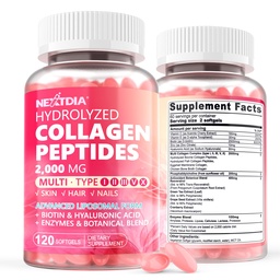 2 Pack Liposomal Collagen Peptides Pills för kvinnor 2000mg, Multi Hydrolyzed Collagen Typ I, II, III, V, X med 2500mcg Biotin - Kollagen Supplements Softgels med hår, hud och naglar Vitaminer, 240 Cts
