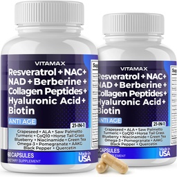 Vitamax Resveratrol NAD + Berberine Hyaluronic Acid - Biotin Grape & Blueberry + NAC - Collagen Peptides - Hår, Nail, Skin & Joint Supplement - 21-i-1 Kvinnor och Män - Made in USA - 120 Count