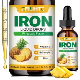 Flytande järntillskott för kvinnor män och barn multivitamin järn droppar med folat, vitamin C, B6, B12, Zink för anemi, järnbrist, blodbyggare, energi - naturlig ananas smak, Vegan 2 Oz