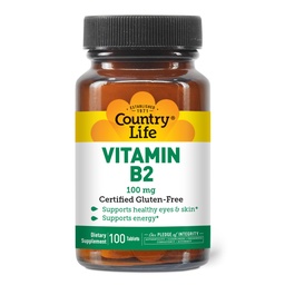 Country Life Vitamin B2 100mg Riboflavin Supplement - ökar energiproduktionen och stöder cellfunktion, glutenfri, Vegan, Kosher, Halal - inga konserveringsmedel, GMO eller artificiella smaker, 100 greve
