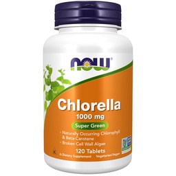 Nu livsmedelstillskott, Chlorella 1000 mg med naturligt förekommande klorofyll, Beta-Carotene, blandade karotenoider, vitamin C, järn och protein, 120 tabletter