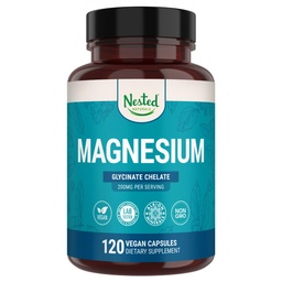 Nested Naturals Magnesium Glycinate Chelate - 200mg Chelated Magnesium Supplement för muskelkramper, avkoppling och sömnstöd - 100% Albion TRACCS Buffered Magnesium Glycinate - 120 Vegan kapslar