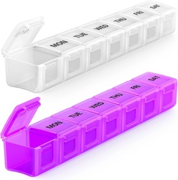 BUG HULL Weekly Pill Organizer Large 2 Packs, Extra Large Travel Pill Organizers, Pill Box 7 Day, Travel Pill Case, Medicine Pill Organizer för vitaminer, kosttillskott och medicinering (White+Purple)