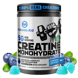 Natures Aid NSF Certified Creatine Gummy 5g - Kreatinmonohydrat Gummies - Pre-Workout Energy & Muscle Growth Support för män och kvinnor | Blueberry Electrolyte Gummies (135 greve)