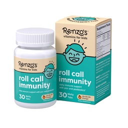 Renzos Roll Call Immunity - Upplösbara barn Immune Support Supplement med IMMUSE Postbiotic, Sugar-Free Kids Vitamins, 30 Orange-Flavored Melty Tabs
