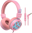 New Bee Kids Headphones Wired for School med Microphone KH20 HD Stereo Safe Volume Limited 85dB/94dB Foldable Lightweight för Girl/Mac/Android/Kindle/Tablet/Pad (Pink)
