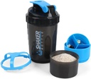 Shaker Bottle - Protein Shaker Cup med lagringskomponenter - Leak-proof Workout Shake Bottles med Mixer för Smooth Mixing-500ML/16oz (BLUE & BLACK)